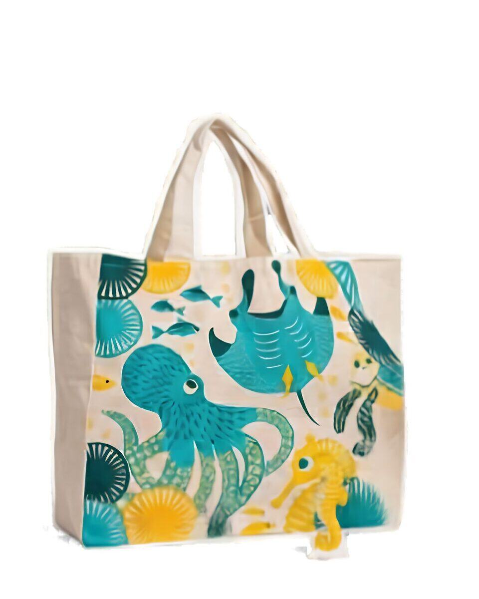 Sea-life print jute beach tote with rope handles