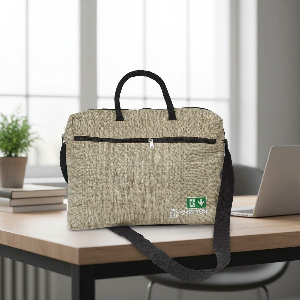 Olive jute office laptop bag with shoulder strap